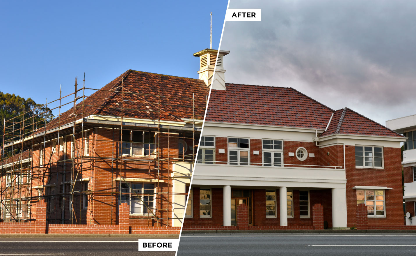 Before and after view of the restored paper mill office building in Burnie, Tasmania.